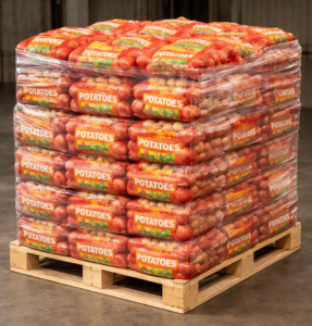 A skid of bags of potatoes