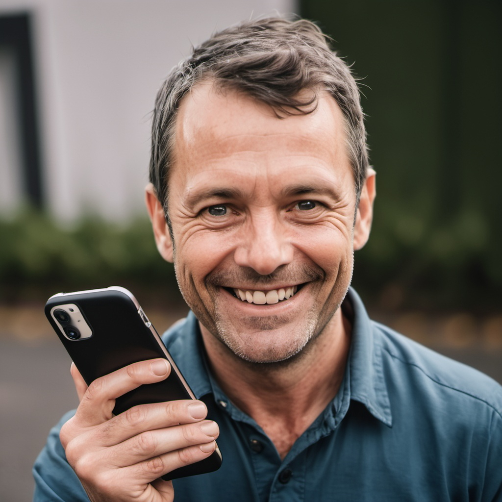 A man smiling while holding a phone