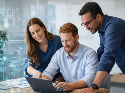 Three people looking at a laptop